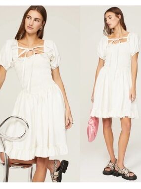 Sandy Liang Kleen White Smocked
Puff Sleeve Tie Front Mini Dress Sz 8